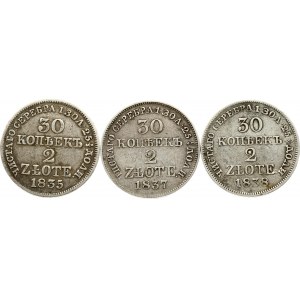 30 Kopecks - 2 Zlotych 1835, 1837, 1838 MW Lot of 3 Coins