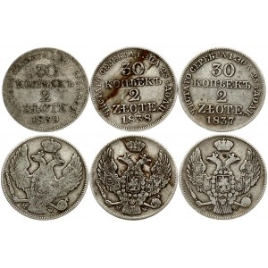 30 Kopecks - 2 Zlotych 1837-1839 MW Lot of 3 Coins