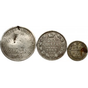 Russia 5, 20 Kopecks, 30 Kopecks - 2 Zlotych 1839 MW 1839-1892 Lot of 3 Coins
