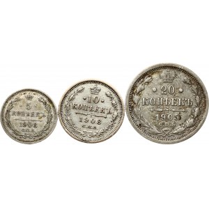 Russia 5 - 20 Kopecks 1905-1908 Lot of 3 Coins