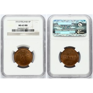 Russia for Finland 5 Pennia 1914 NGC MS 63 RB