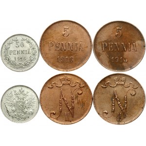 5, 50 Pennia (1915-1916) Lot of 3 Coins