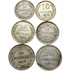 Russia 10, 15, 20 Kopecks 1922-1925 Lot of 6 Coins