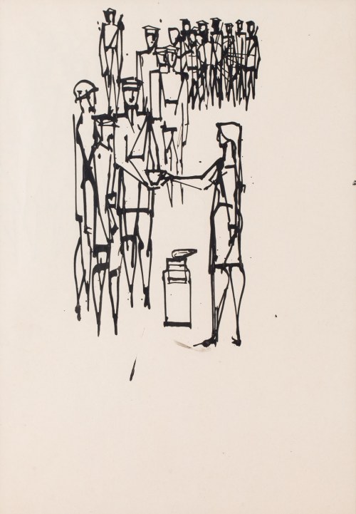 Roman Opałka (1931 Abbeville, Francja - 2011 Rzym), Szkic ilustracji (kobieta i żołnierze), 1957