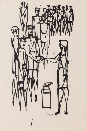 Roman Opałka (1931 Abbeville, France - 2011 Rome), Sketch of an illustration (woman and soldiers), 1957