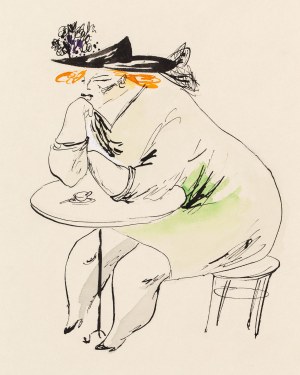 Jan Lenica (1928 Poznań - 2001 Berlin), Kobieta przy stoliku, rysunek satyryczny, lata 50 XXw.