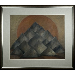 Arika Madeyska, (1928-2004). Oil painting. Mountain landscape against the sun, 1978