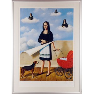 Rafal Olbinski. Large signed print No. 1 Dreamer (Mona Lisa with baby carriage and beagle), according to a 2009 painting.