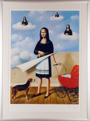 Rafał Olbiński. Duża sygnowana grafika Nr 1. Dreamer (Mona Lisa z wózkiem i beaglem), wg obrazu z 2009 r.