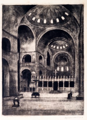 Maria Gutkowska-Rychlewska. Etching signed.Interior of St. Mark's Basilica in Venice. 1927