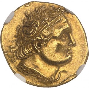 Royaume lagide, Ptolémée Ier (305-285 av J-C). Statère d’or au nom de Ptolémée Ier, frappé sous Magas de Cyrène ND (299-294 av. J.-C.), Cyrène.