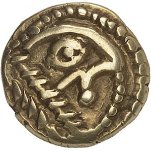 Bellovaques. Quart de statère d’or à l’astre et au cheval à gauche ND (50-30 av. J.-C.).