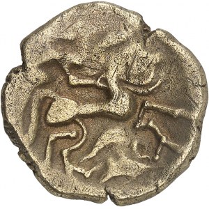 Armorique / Namnètes. Statère à l'hippophore, série 308B, en or bas et billon, Classe III au profil luniforme ND (première moitié du Ier siècle avant J.-C.).