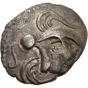 Aulerques Éburovices. Lamellaire à la tête de Pallas, var. 1 à l'hippocampe ND (fin de la Guerre des Gaules et période pré-augustéenne).
