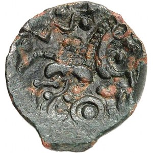 Aulerques Éburovices / Carnutes. Bronze classe I dérivé des types éburovices en or, var. 2 ND (fin de la Guerre des Gaules et période pré-augustéenne).
