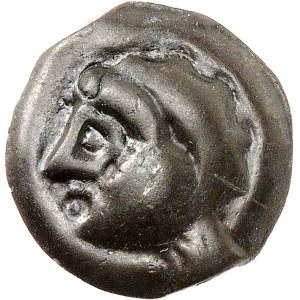 Meldes. Potin au sanglier et à la tête coupée, POT 8, classe 1 à la tête à gauche ND (IIe siècle avant J.-C.).