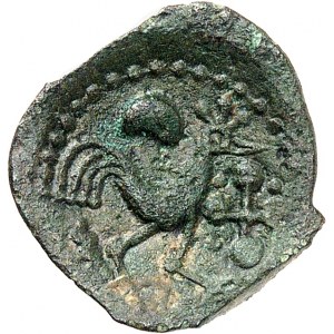 Véliocasses. Bronze au sanglier et au coq aptère ND (Guerre des Gaules et IIe moitié du Ier siècle avant J.-C.).