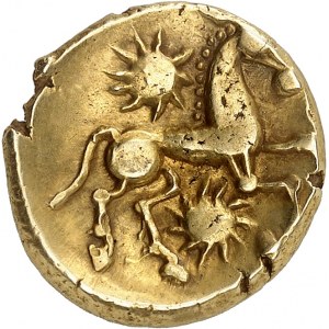 Bellovaques. Statère à l'astre, var. 2 au cheval à droite ND (second tiers du Ier siècle avant J.-C. et Guerre des Gaules).