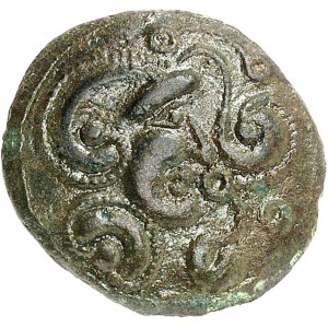 Bellovaques. Bronze au coq et à la tête casquée ND (second tiers du Ier siècle avant J.-C. et Guerre des Gaules).
