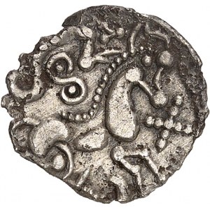 Ambiens / Ouest du Belgium. Lamellaire en argent, Classe I à l'hippocampe à gauche, var. 3 (profil géométrique) ND (début du IIe tiers du Ier siècle avant J.-C.).