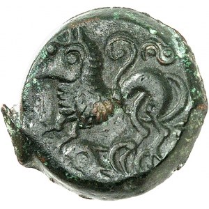 Rèmes. Bronze lourd ATISISO - REMO au lion et au dauphin, var. 3 à la grosse tête ND (Guerre des Gaules et IIe moitié du Ier siècle avant J.-C.).