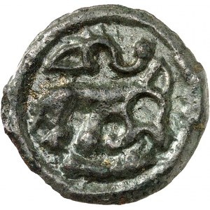 Rèmes. Potin, Classe IV, var. 2, au guerrier au torque et à la lance ND (fin du IIe siècle avant J.-C.).