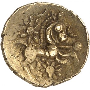 Regini & Atrébates (région Sud). Quart de statère de Bognor Cogwheel, en or, variété aux deux fleurs ND (seconde moitié du Ier siècle avant J.-C.).