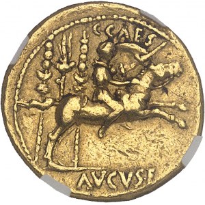 Auguste (27 av. J.-C. - 14 ap. J.-C.). Aureus 8-6 av. J.-C., Lyon.