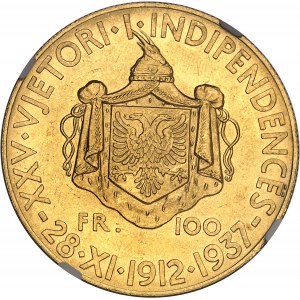 Zog Ier (1/9/1928-1939). 100 franga ari, 25e anniversaire de l’indépendance 1937, R, Rome.