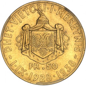 Zog Ier (1/9/1928-1939). 50 franga ari, 10e anniversaire du règne 1938, R, Rome.