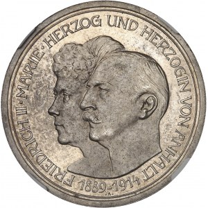Anhalt-Dessau, Frédéric II (1904-1918). 5 (fünf) mark, 25e anniversaire de mariage, Flan bruni (PROOF) 1914, A, Berlin.