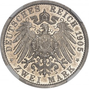 Schwarzbourg-Sonderhausen, Charles-Gonthier (1880-1908). 2 (zwei) mark, 25e anniversaire de règne (jubilé), flan épais, Flan bruni (PROOF) 1905, A, Berlin.