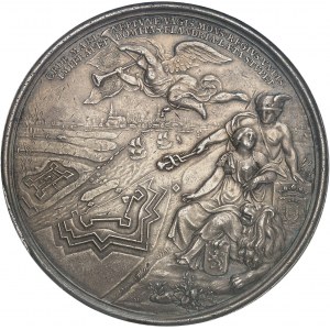 Brabant (duché de), Charles II (1665-1700). Médaille, Juan Domingo de Zúñiga y Fonseca, gouverneur, et les nouvelles fortifications de Bruxelles, par J. Roëttiers 1675.