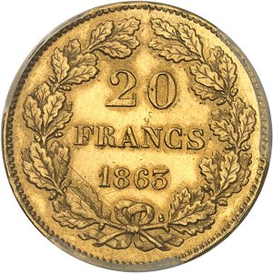 Léopold Ier (1831-1865). Essai de 20 francs Or, tranche inscrite en creux, par L. Wiener, Frappe spéciale (SP) 1863, Bruxelles.
