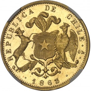 République. 10 pesos, d’aspect Flan bruni (PROOFLIKE) 1863/3, S°, Santiago.