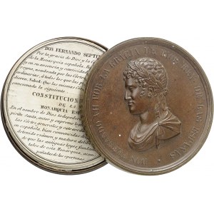 Ferdinand VII (1808-1833). Médaille-boîte, promulgation de la Constitution à Cadix le 19 mars 1812, jurée par le Roi le 9 mars 1820, par Henrionnet 1820, Paris.