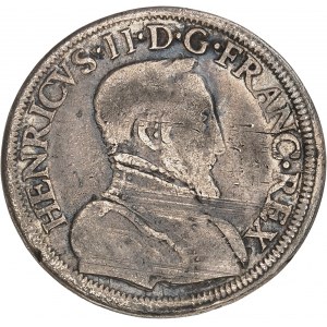 Henri II (1547-1559). Teston 2e type, type au Moulin, double frappe d’avers (essai de frappe au balancier ?) ND (1552-1553), Troyes ?