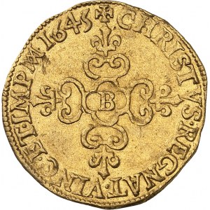 Louis XIV (1643-1715). Écu d’or au soleil 1645, B, Rouen.
