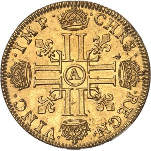 Louis XIV (1643-1715). Piéfort quadruple du double louis à la mèche courte, tranche inscrite 1644, A, Paris.