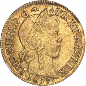Louis XIV (1643-1715). Louis d’or à la mèche longue 1657, B, Rouen.