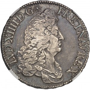 Louis XIV (1643-1715). Écu à la perruque avec buste drapé à l’antique, tranche en relief 1689, A, Paris.