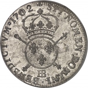 Louis XIV (1643-1715). Pièce de 34 sols aux insignes 1702, BB, Strasbourg.