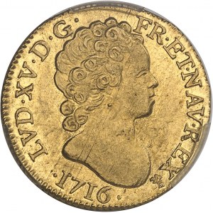 Louis XV (1715-1774). Louis d’or aux insignes, 1er type (de transition), flan neuf 1716, D, Lyon.