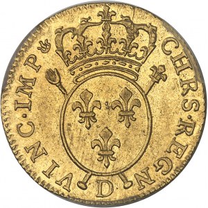 Louis XV (1715-1774). Louis d’or aux insignes, 1er type (de transition), flan neuf 1716, D, Lyon.