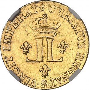Louis XV (1715-1774). Louis d’or aux 2 L, flan neuf 1721, S, Reims.