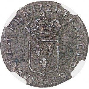 Louis XV (1715-1774). Liard au buste enfantin, hybride avec avers du douzième d’écu de France (réformation) 1721, S, Reims.