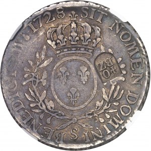 Louis XV (1715-1774). Écu aux rameaux d’olivier, contremarqué 40 batzen pour Berne 1728, S, Reims.