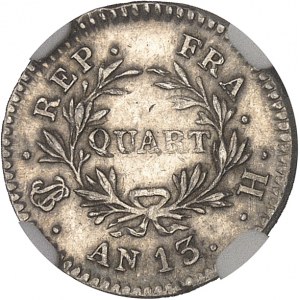 Premier Empire / Napoléon Ier (1804-1814). Quart de franc calendrier révolutionnaire AN 13/2 (1805), H, La Rochelle.