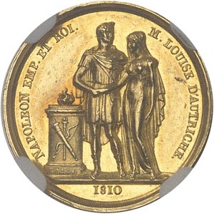 Premier Empire / Napoléon Ier (1804-1814). Médaillette d’Or, mariage avec Marie-Louise d’Autriche, par Andrieu et Galle 1810, Paris.