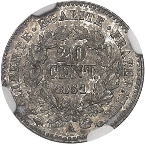 IIe République (1848-1852). 20 centimes Cérès 1851, A, Paris.